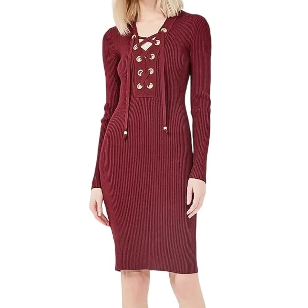MICHAEL KORS-  NEW Deep Red Ribbed Long Ribbed Lace Up Sweater Dress Size L